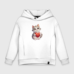 Толстовка оверсайз детская Серый кот держит сердце в лапах, цвет: белый