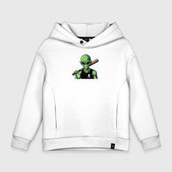 Толстовка оверсайз детская Зеленый пришелец с битой, цвет: белый