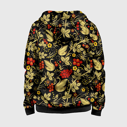 Детская толстовка на молнии Хохлома золотые лебеди / 3D-Черный – фото 2