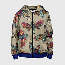 Толстовка на молнии детская Мотыльки-черепа, цвет: 3D-синий