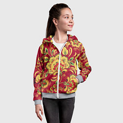 Толстовка на молнии детская Хохломская Роспись Цветы На красном Фоне, цвет: 3D-меланж — фото 2