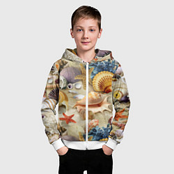 Толстовка на молнии детская Морские раковины, кораллы, морские звёзды на песке, цвет: 3D-белый — фото 2