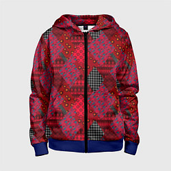 Толстовка на молнии детская Красный лоскутный узор пэчворк, цвет: 3D-синий