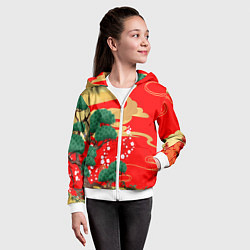 Толстовка на молнии детская Японский пейзаж на красном, цвет: 3D-белый — фото 2