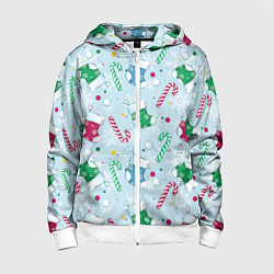 Толстовка на молнии детская Новогодний паттерн, цвет: 3D-белый