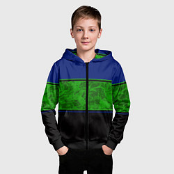 Толстовка на молнии детская Синие, неоновые зеленые мраморные и черные полосы, цвет: 3D-черный — фото 2