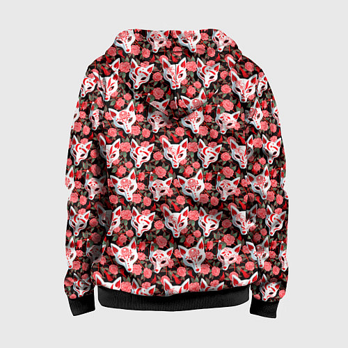 Детская толстовка на молнии Маски лисиц кицунэ и камелия на черном / 3D-Черный – фото 2