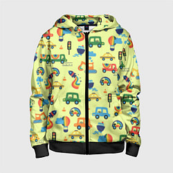 Толстовка на молнии детская Радуга и машинки - паттерн зеленый, цвет: 3D-черный