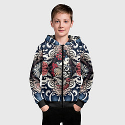 Толстовка на молнии детская Irezumi style: девушка и синие узоры, цвет: 3D-черный — фото 2