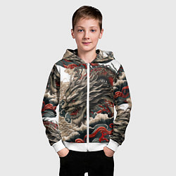 Толстовка на молнии детская Тату дракона в стиле Ирезуми, цвет: 3D-белый — фото 2