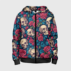 Детская толстовка на молнии Черепа и красные розы