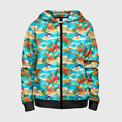 Толстовка на молнии детская Гавайский стиль море и цветы, цвет: 3D-черный