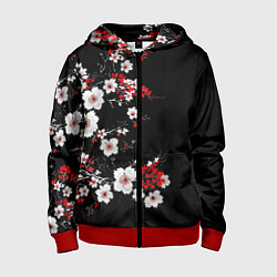 Толстовка на молнии детская Белая и красная сакура - цветение, цвет: 3D-красный