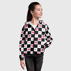 Толстовка на молнии детская Розовые сердечки на фоне шахматной черно-белой дос, цвет: 3D-черный — фото 2