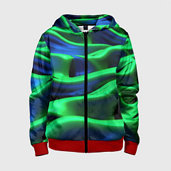 Толстовка на молнии детская Зеленые неоновые волны, цвет: 3D-красный