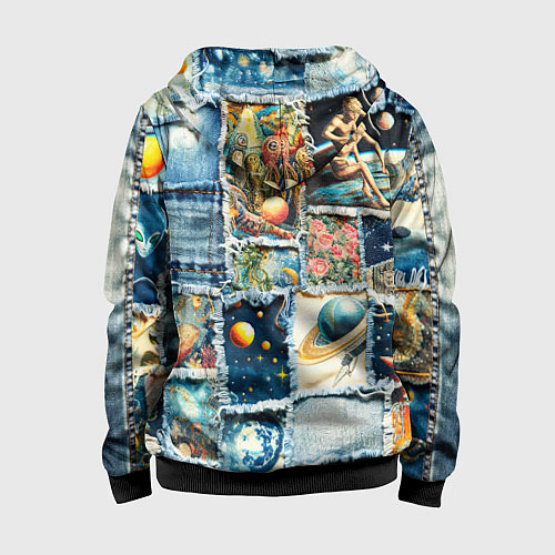 Детская толстовка на молнии Космические обитатели - пэчворк / 3D-Черный – фото 2