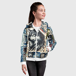 Толстовка на молнии детская Волк на дениме Пэчворк, цвет: 3D-белый — фото 2