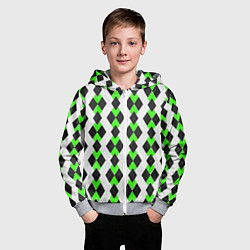 Толстовка на молнии детская Чёрные и зелёные ромбы на белом фоне, цвет: 3D-меланж — фото 2