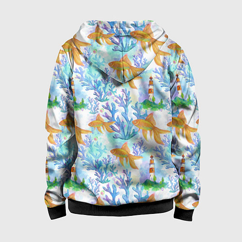 Детская толстовка на молнии Золотая рыбка и кораллы акварельные / 3D-Черный – фото 2