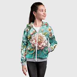 Толстовка на молнии детская Объемные цветы и жемчуг, цвет: 3D-меланж — фото 2