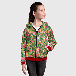 Толстовка на молнии детская Летний котик с коктейлем в тропических цветах, цвет: 3D-красный — фото 2