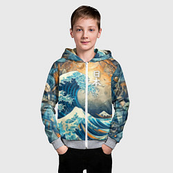 Толстовка на молнии детская Коллаж с Японской волной - нейросеть, цвет: 3D-меланж — фото 2