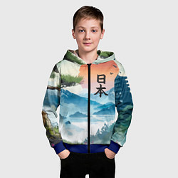 Толстовка на молнии детская Восход красного солнца - Японский пейзаж, цвет: 3D-синий — фото 2