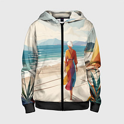 Толстовка на молнии детская Летний пейзаж с женщиной на пляже, цвет: 3D-черный