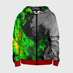 Толстовка на молнии детская Зелёный и чёрный огонь, цвет: 3D-красный