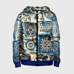 Детская толстовка на молнии Символы Апачи на пэчворк дениме