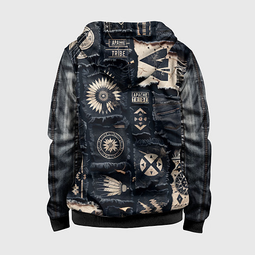 Детская толстовка на молнии Знаки Апачи на пэчворк дениме / 3D-Черный – фото 2