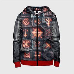 Толстовка на молнии детская Символы викингов на пэчворк джинсах, цвет: 3D-красный