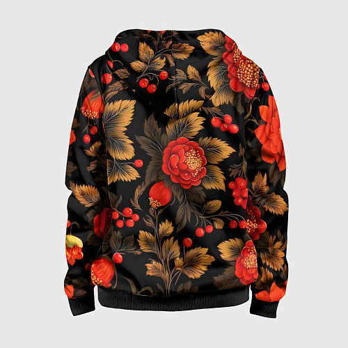Детская толстовка на молнии Русская хохлома, цветы, паттерн / 3D-Черный – фото 2