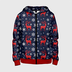Толстовка на молнии детская Олени новогодние, цвет: 3D-красный