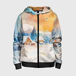 Толстовка на молнии детская Деревенский новогодний пейзаж, цвет: 3D-черный
