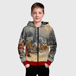 Толстовка на молнии детская Новогодние зимние домики, цвет: 3D-красный — фото 2