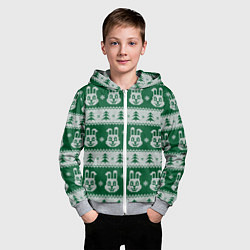 Толстовка на молнии детская Вязаный зимний узор с зайцами и ёлками, цвет: 3D-меланж — фото 2