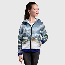 Толстовка на молнии детская Новый год - домики в горах, цвет: 3D-синий — фото 2