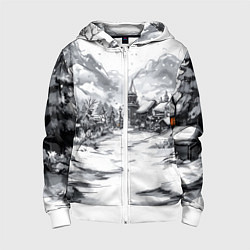 Толстовка на молнии детская Город в снегу перед новым годом, цвет: 3D-белый