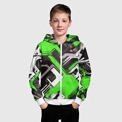 Толстовка на молнии детская Бело-зелёный техно паттерн на чёрном фоне, цвет: 3D-белый — фото 2