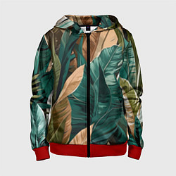 Толстовка на молнии детская Крупные листья в тропиках, цвет: 3D-красный