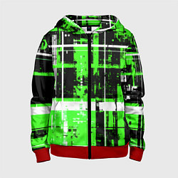 Детская толстовка на молнии Зелёно-белый гранж на чёрном фоне