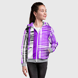 Толстовка на молнии детская Белые полосы на чёрно-фиолетовом фоне, цвет: 3D-меланж — фото 2