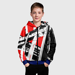 Толстовка на молнии детская Чёрно-белые абстрактные линии на красном фоне, цвет: 3D-синий — фото 2