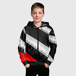 Толстовка на молнии детская Диагональные чёрно-белые полосы на красном фоне, цвет: 3D-черный — фото 2