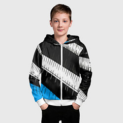 Толстовка на молнии детская Диагональные чёрно-белые полосы на синем фоне, цвет: 3D-белый — фото 2