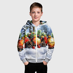 Толстовка на молнии детская Красные и желтый новогодние шары, цвет: 3D-меланж — фото 2