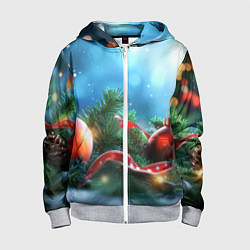 Толстовка на молнии детская Красные игрушки новогодние, цвет: 3D-меланж