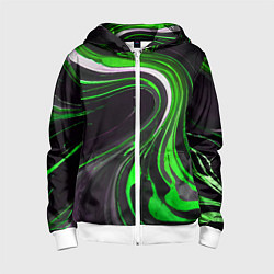 Детская толстовка на молнии Волнистые бело-зелёные линии на чёрном фоне