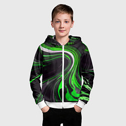 Толстовка на молнии детская Волнистые бело-зелёные линии на чёрном фоне, цвет: 3D-белый — фото 2
